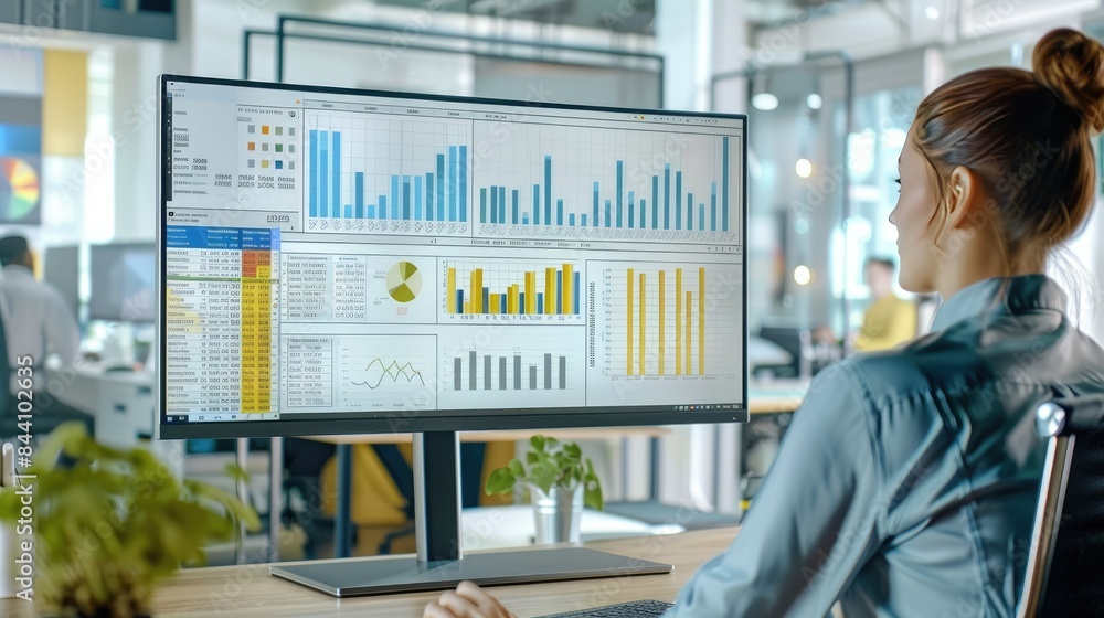 Poster detailed bar graph in excel, showcasing company performance metrics on a computer screen.