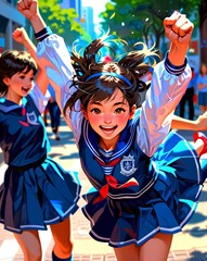Anime In a beautifully dynamic pose, a high school girl strikes a triumphant victory gesture
