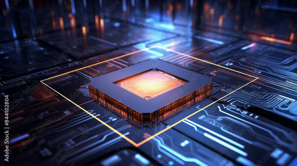 Aufkleber a computer chip is shown in a blue and orange color scheme