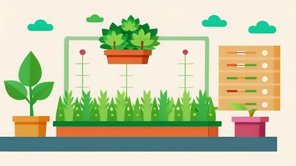 A garden planner tool that uses data on plant height and spread to optimize spacing in raised beds or planters.. 2d flat cartoon