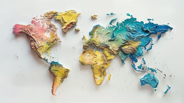 Colorful 3D world map showcasing geographical terrain and elevations, creatively illustrated in vibrant hues, highlighting continents and landscapes.