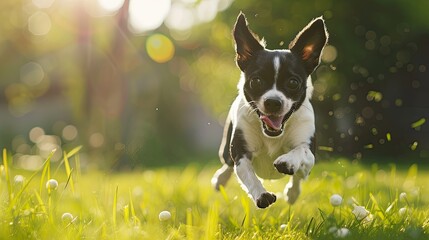 Energetic black and white Chihuahua leaping for a treat, sunny park background.