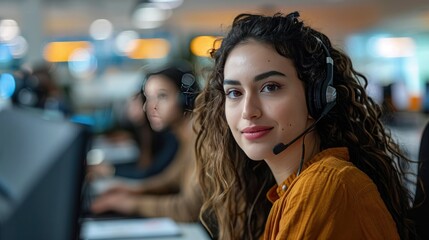 Young female customer service representative with headset smiling in call center office. Team and technology support background.