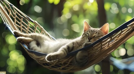 A tabby cat naps peacefully in a hammock, basking in the warm sunshine of a summer day