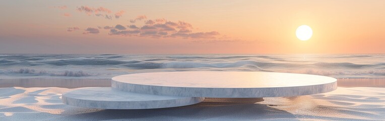 Tranquil Sunset Scene on Beach with Modern Bench