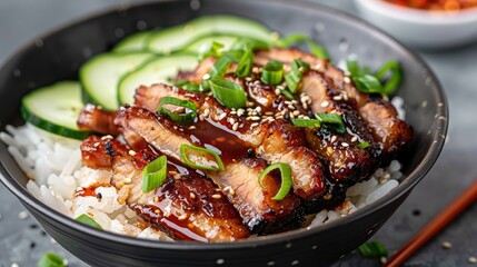 Fototapeta premium Neatly sliced crispy pork belly on white rice, topped with thick soy sauce, garnished with green onions and cucumber slices.