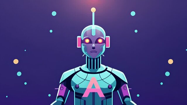 With its glowing wires and circuitry the AI entity appears almost alive as it hungrily consumes endless streams of data.. 2d flat cartoon