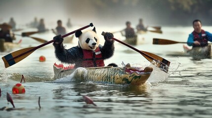 A panda paddles a dragon boat during a competition in China