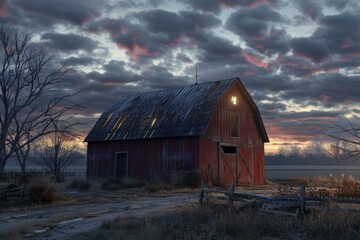 Fototapeta premium Rural Barn Illuminated at Dusk