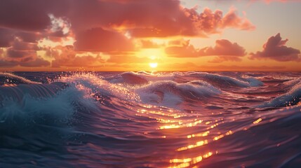 Obraz premium Stunning sunset over the sea with curved waves, warm hues, and serene coastal atmosphere.