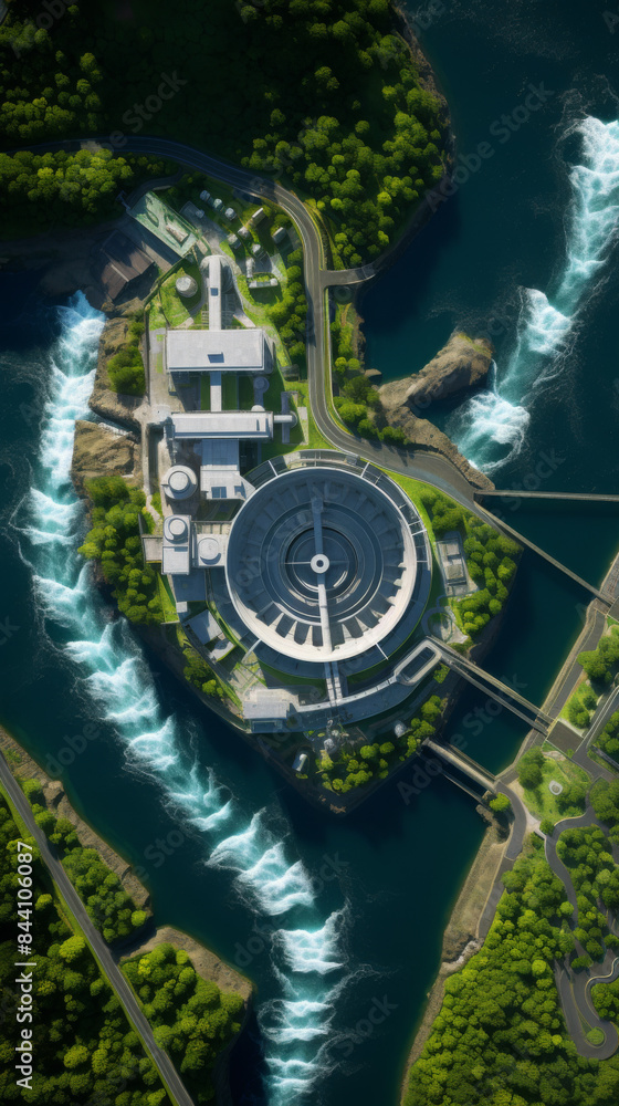 Poster a large building with a circular structure in the middle