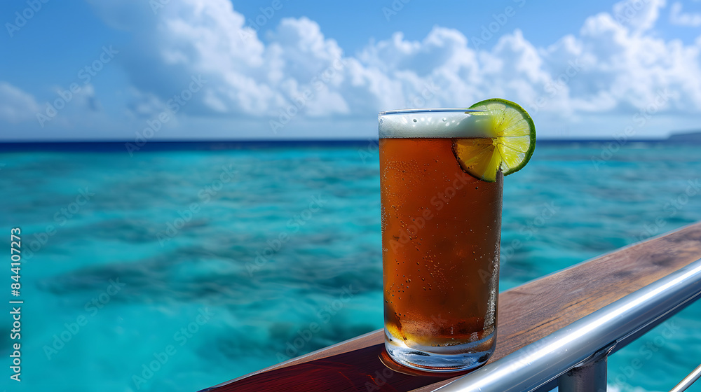 Poster an amber ale with a frothy head and a slice of lime. resting in a classy pint on the rim of a steel 
