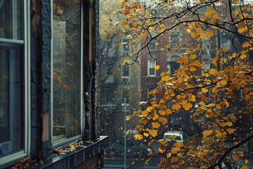Soothing office window views on a rainy autumn day, evoking a peaceful and serene ambiance