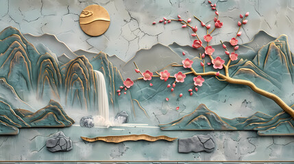 colorful Volumetric stucco molding on a concrete wall with golden elements, Japanese landscape, waterfall, mountains