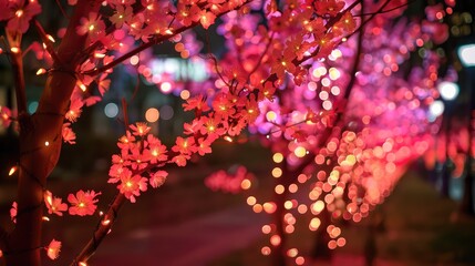 Cherry blossom lights shining brightly in full bloom at the park