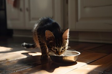 Stock minimalist photography of a tabby cat drinking water from a metal bowl on the kitchen floor with soft daylight
