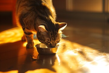 Stock minimalist photography of a tabby cat drinking water from a metal bowl on the kitchen floor with soft daylight