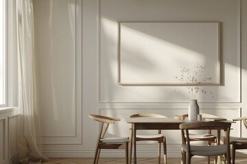 Stock minimalist photography of a white empty frame on the wall in a minimalist dining area, surrounded by dining furniture and decor, soft daylight, side angle, minimalistic composition, Mockup, art