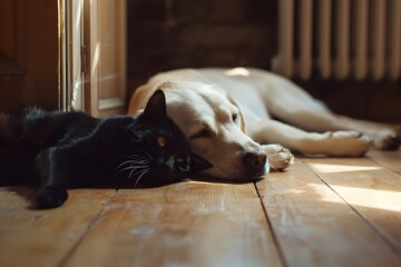 Stock minimalist photography of a Labrador and a black cat lying together on a wooden floor in a cozy home setting with soft daylight illuminating the scene