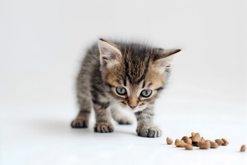 Stock minimalist photography of a tabby kitten playing with food on a white background with studio lighting