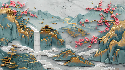colorful Volumetric stucco molding on a concrete wall with golden elements, Japanese landscape, waterfall, mountains, sakura.