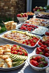 Fototapeta premium A bountiful outdoor table spreads delicious fresh fruits, assorted cheeses, and an array of summer finger foods perfect for a delightful picnic gathering