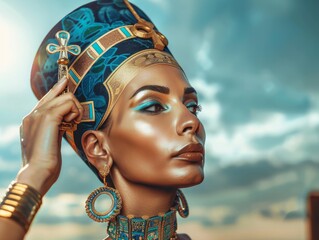 Queen Nefertiti, holding the ankh in her hand, wearing ancient Egyptian royal blue and gold with intricate designs, background is an open air temple