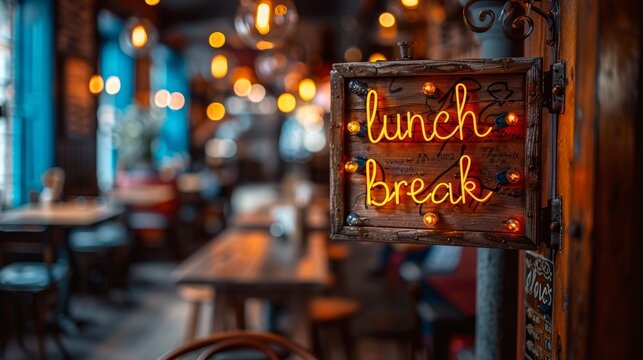 A cozy cafe interior with a warm wooden decor featuring a prominently displayed neon lunch break sign, creating a welcoming and inviting atmosphere