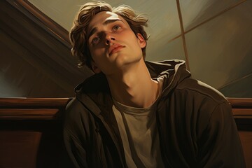 Digital painting of a thoughtful young man gazing upwards with a serene expression