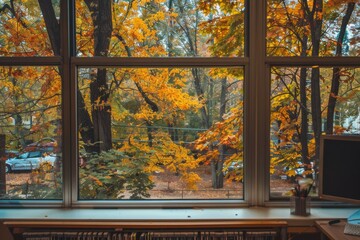 Tranquil autumn office scenery observed through a window view during the fall season
