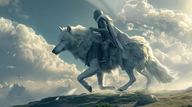 Brave knight riding atop a majestic, huge white wolf in a mystical forest
 Seamless looping 4k time-lapse virtual video animation background. Generated AI