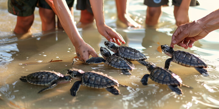A group of conservationists releasing captive-bred turtles into the wild to combat population decline