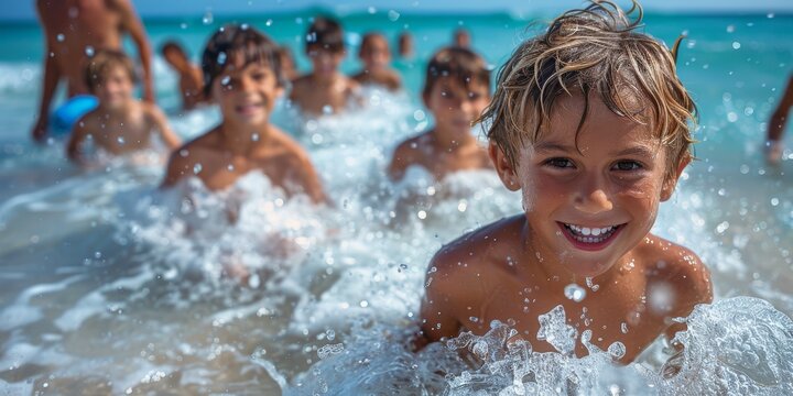 Children joyfully playing and splashing in the ocean waves on a sunny day, creating unforgettable summer memories at the beach
