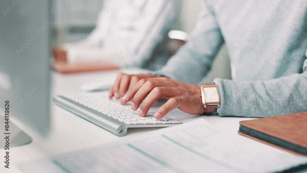 Poster typing, keyboard and hands of business worker on computer for online project, proposal and research.