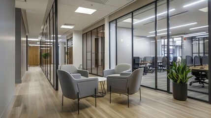 Modern office space featuring an inviting meeting area with comfortable gray chairs, large glass partitions, and sleek workstations creating a productive environment