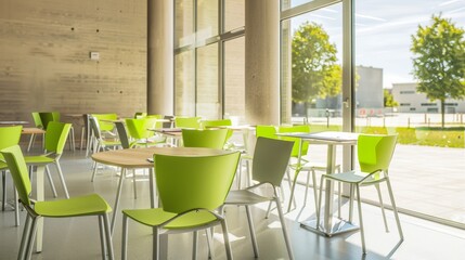 Bright sunlit modern cafeteria with green chairs and round wooden tables showcasing large windows that offer a view of a serene outdoor setting with trees and buildings