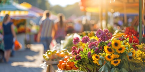 A lively outdoor market scene, with vendors selling fresh produce, flowers, and handmade crafts on a sunny summer day