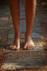A close-up view of a person's bare feet standing on a pathway, with a warm, natural light highlighting the earthy tones and textures of the ground beneath
