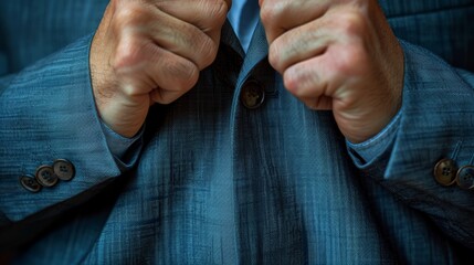 A close-up of a person wearing a blue suit, clenching their fists with the suit jacket partially buttoned, conveying a sense of determination or resolve
