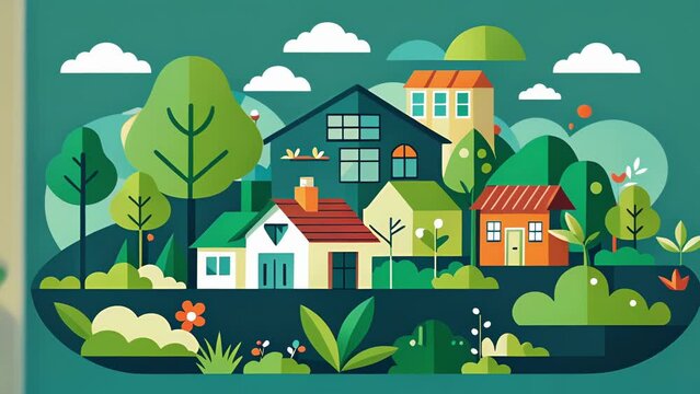 An ecofriendly housing community is developed using data on local flora and fauna ensuring the preservation of natural habitats and green spaces within the neighborhood.. 2d flat cartoon
