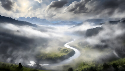 Nebel &uuml;berschattet eine Flu&szlig;landschaft