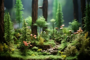 Captivating and detailed miniature forest scene with lush greenery. Tiny trees. And enchanting moss in a terrarium. Creating a tranquil and enchanting natural ecosystem model landscape world