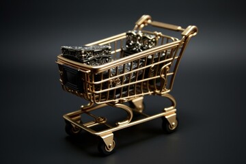 Small golden shopping trolley filled with elegant jewelry pieces isolated on a dark surface