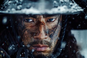 A close-up photograph captures an intense and determined expression of a young warrior with a face marked by dirt and snow, wearing traditional armor in a snowy battlefield