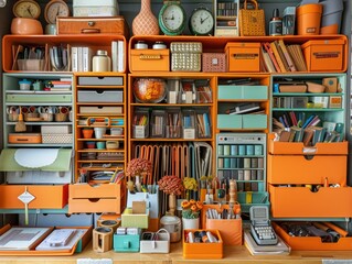 A beautifully organized workspace featuring meticulously arranged office supplies in vibrant orange storage units, showcasing a perfect blend of functionality and aesthetics