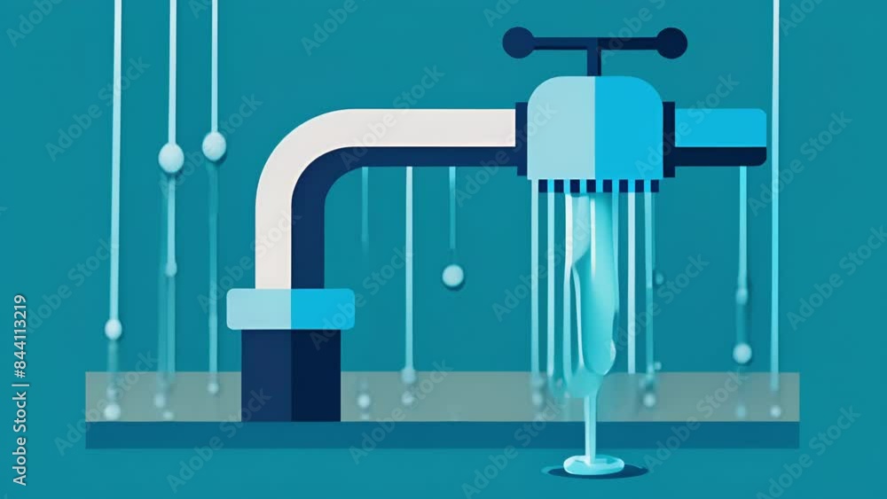 Poster a malfunctioning faucet with data leaking out like water droplets.. 2d flat cartoon