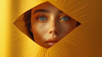 A close-up portrait of a person gazing through a yellow geometric opening, featuring striking blue eyes and a vibrant, monochromatic yellow color scheme