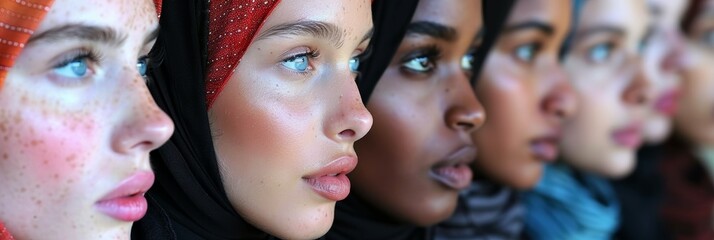 A close-up portrait capturing the diverse beauty of six women adorned in colorful headscarves, showcasing their unique features and expressions in vibrant detail