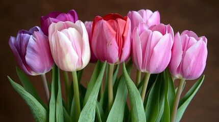 Fototapeta premium A vibrant display of assorted tulips in full bloom, showcasing a mixture of pink, purple, and red flowers against a soft brown background