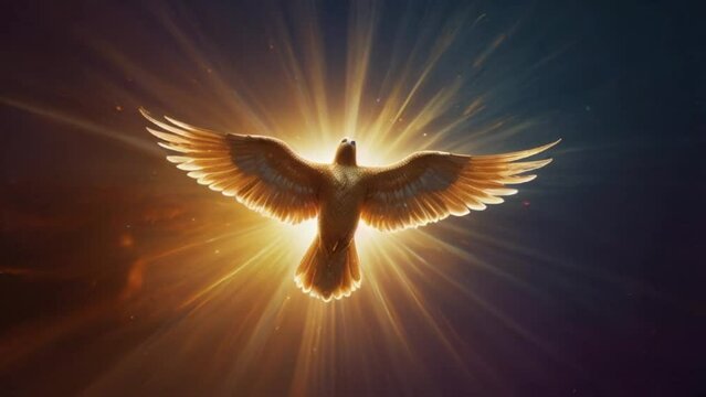 Golden angel wings, a golden white pigeon wings wide open in the sky and light rays coming from behind Generative AI